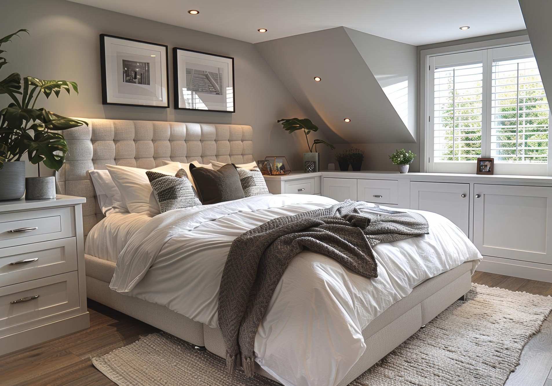 neutral bedroom with fitted furniture