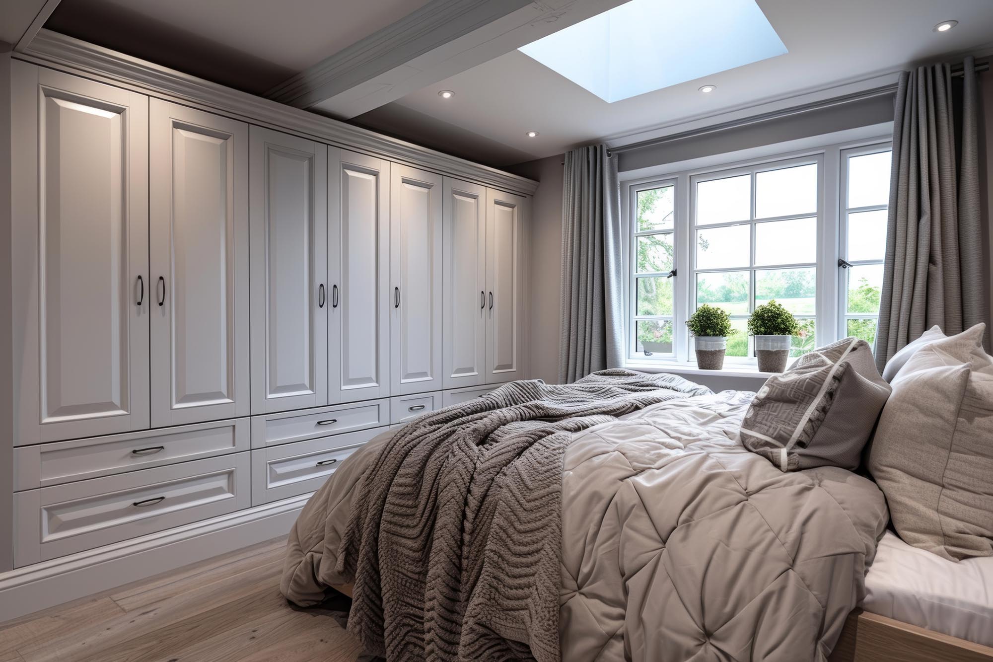 modern grey bedroom with fitted wardrobes